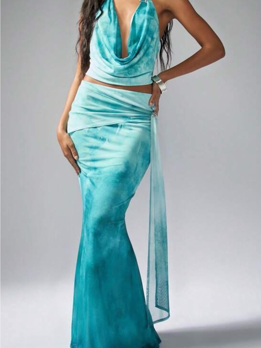 Turquoise Draped Maxi Skirt Set